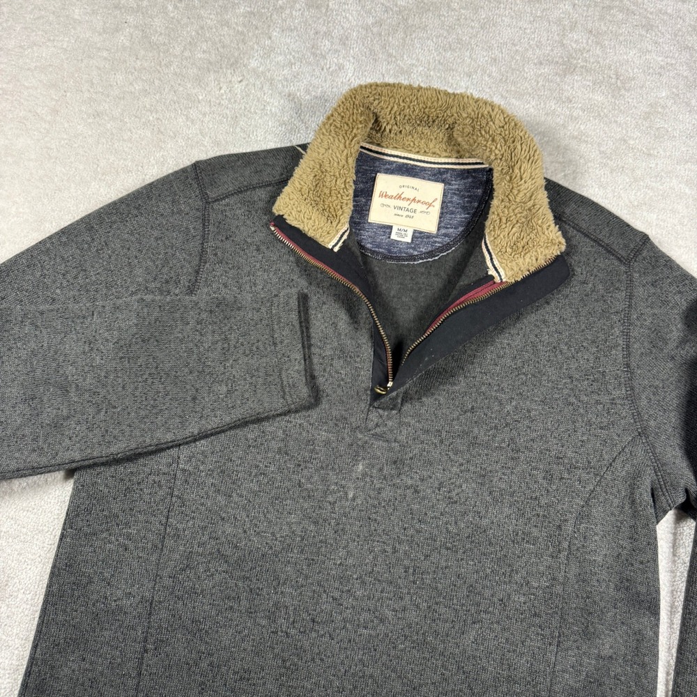 Weatherproof Vintage Pullover Mens M Gray 1/4 Zip Faux Fur Collar Fleece Lined